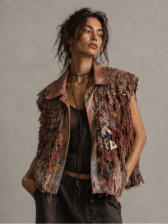 Jackets & Blazers - Vintage S.B.I. Embellished Wearable Art Vest 100% Cotton Fringed Boho Patchwork